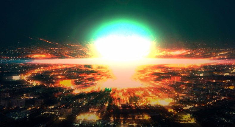 An illustration of a nuclear bomb exploding in a city.