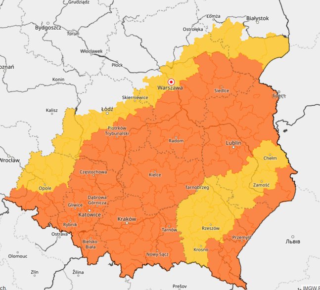 Bieżące ostrzeżenia IMGW przed burzami z gradem oraz silnym deszczem z burzami