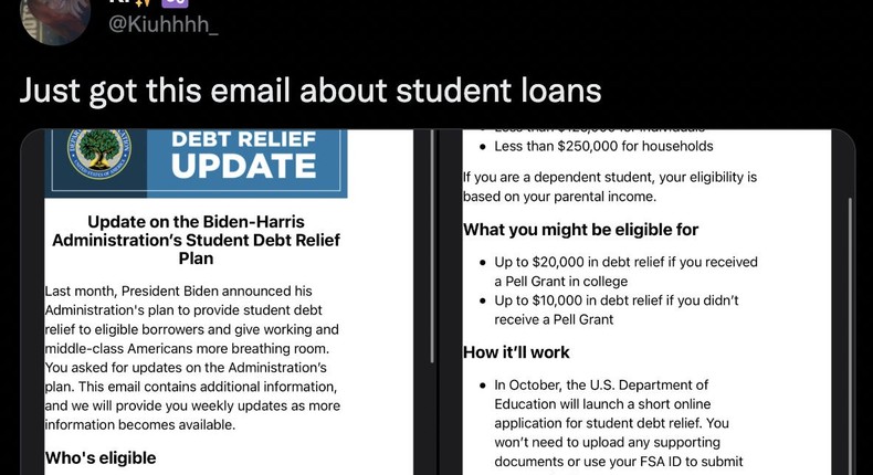 Screenshots of email from Biden's Education Department on student debt relief