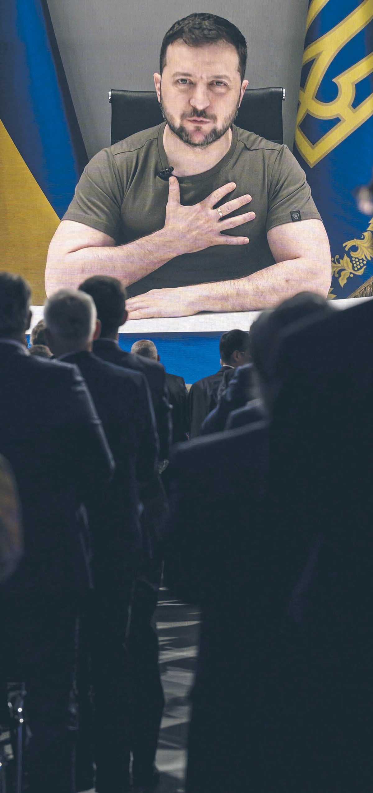 Prezydent Ukrainy Wołodymyr Zełenski podczas wczorajszego telewystąpienia przed zebranymi na forum w Davos