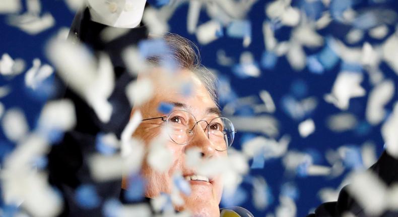 Moon Jae-in celebrates after winning the nomination as a presidential candidate of the Minjoo Party, during a national convention, in Seoul, South Korea, April 3, 2017.