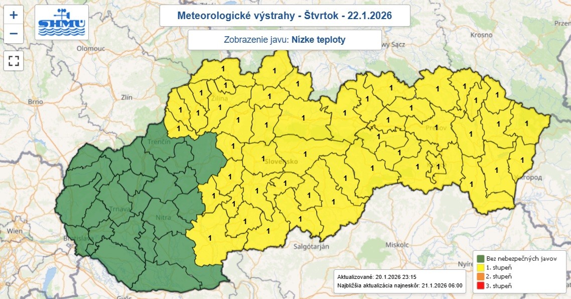 Varovanie prvého stupňa pred nízkymi teplotami je na noc zo stredy na štvrtok vydaná pre 49 okresov Slovenska.