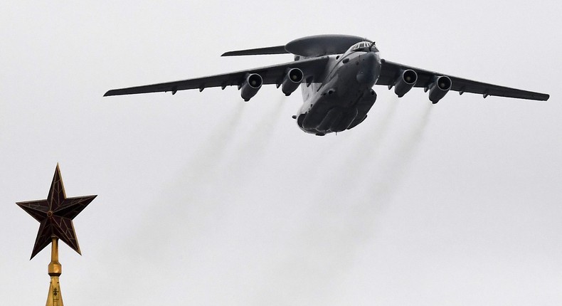 A Beriev A-50 early warning and control aircraft flies over the Kremlin and Red Square in downtown Moscow to mark the 75th anniversary of the victory over Nazi Germany in World War II, May 9, 2020.Photo by YURI KADOBNOV/AFP via Getty Images