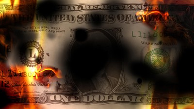 United States banknote dollar burning with fire and destroyed, conceptual financial crisis, 3d illus