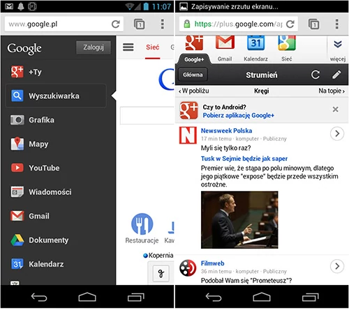 Nowe menu (po lewej) jest bardzo wygodne i łączy wyszukiwarkę z Google+ (po prawej). Widać, że Google stara się unifikować interfejs swoich usług