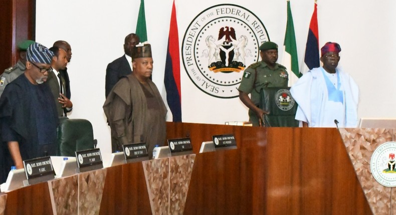 From left: Chief of Staff, Femi Gbajabiamila, Vice President Kashim Shettima and President Bola Ahmed Tinubu during their first meeting with members of the National Executive Council on Thursday, June 15, 2023. [Presidency]