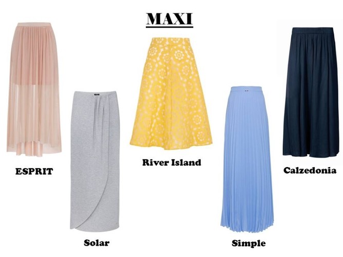 Modne spódnice MAXI na lato 2014: Esprit: 199 pln Solar: 249 pln River Island: 179 pln Simple: 469,90 pln Calzedonia: 169,90 pln