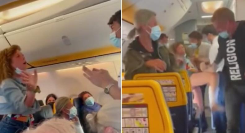 Screenshots from a video showing a Ryanair passenger verbally and physically assaulting other passengers.
