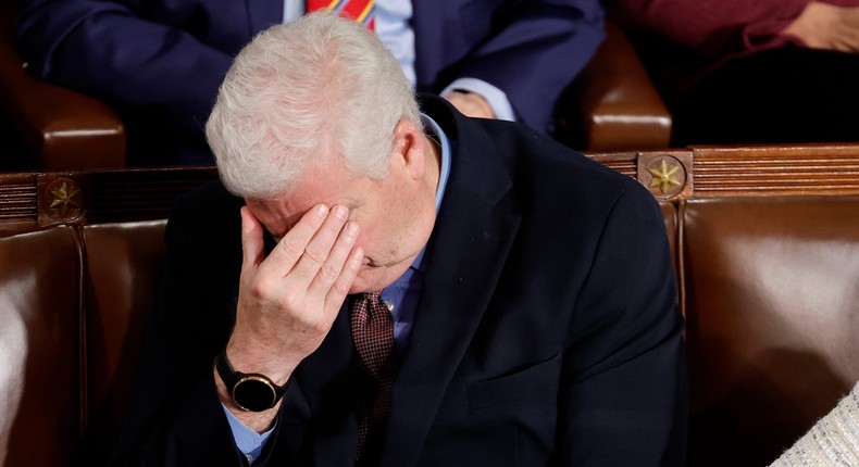 House Majority Whip Tom Emmer reacts as Rep. Elise Stefanik tallies votes as the House of Representatives votes for a third time on whether to elevate Rep. Jim Jordan to Speaker of the House in the US Capitol on October 20, 2023 in Washington, DC.Chip Somodevilla/Getty Images