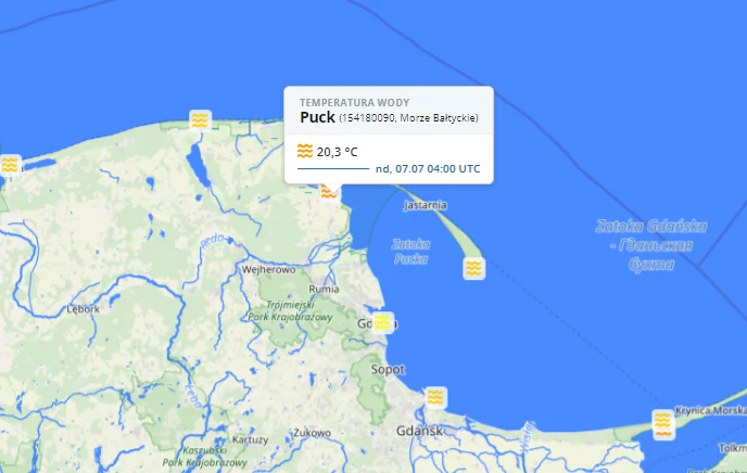 W niedzielę rano tylko w rejonie Pucka temperatura Bałtyku nieznacznie przekracza 20 st. C