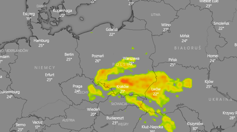 Mapa burz serwisu Windy.com na godzinę 17