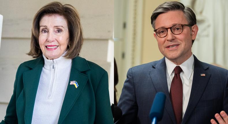 Former Speaker Nancy Pelosi's muted praise for House Speaker Mike Johnson is a stark contrast to how she treated former Speaker Kevin McCarthy.Tom Williams/CQ-Roll Call, Inc via Getty Images;  Nathan Posner/Anadolu via Getty