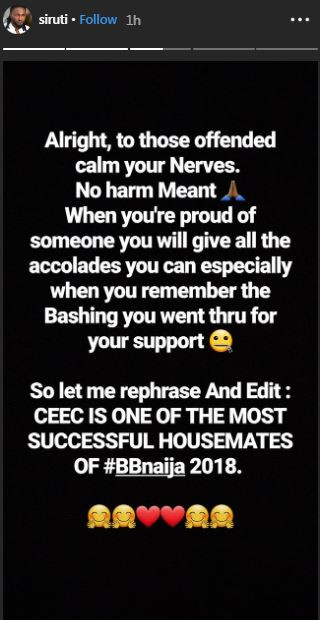 Following severe backlash from not only former housemates of BBNaija but a number of people, Uti has rephrased the success statement he made about Ceec [Instagram/SirUti] 