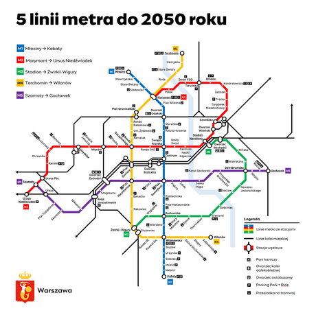Warszawa ma nowy plan rozwoju transportu szynowego. Pięć linii metra do  2050 r. [MAPA]