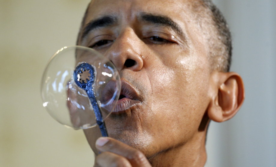 The president got in touch with his inner child by blowing bubbles from a bubble maker made by 9-year-old Jacob Leggette with a 3-D printer.