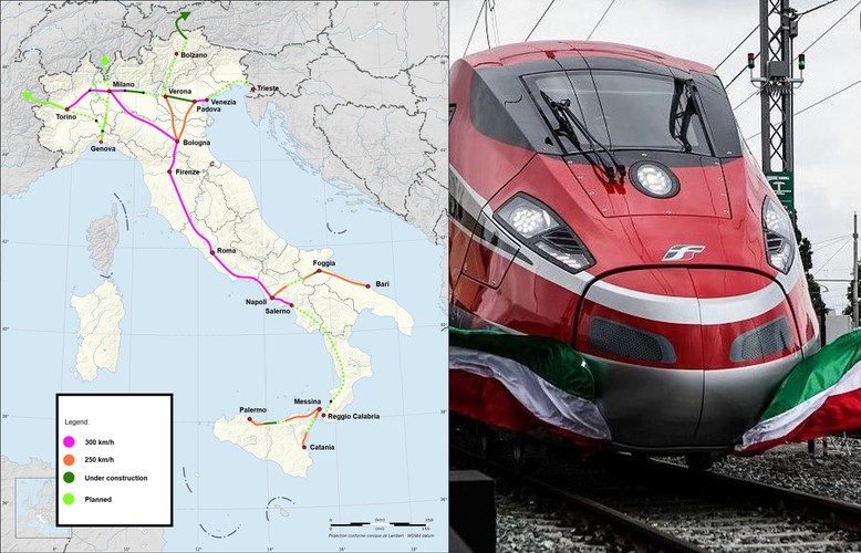 Italia dysponuje siecią szybkich kolei o długości 1342 km, na których możliwe jest rozwinięcie prędkości do 300 km/h. Trzon sieci biegnie od Salerno i Neapolu, przez stolicę kraju - Rzym, Florencję, Bolonię po stolice przemysłowej północy - Mediolan i Turyn. Rzym w 2015 planuje otwarcie kolejnych dwóch odcinków dla kolei dużych prędkości: pomiędzy Mediolanem a Brescią (92 km) oraz pomiędzy Genuą, a Ventimiglią (147 km). Na slajdzie: Mapa sieci kolei dużych prędkości we Włoszech. Źródło: Wikimedia Commons.