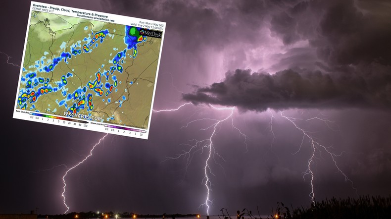 We wtorek nastąpi załamanie pogody w postaci opadów deszczu i burz (mapa:wxcharts.com)