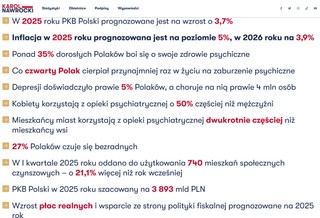 Fragment strony karolnawrocki.pl prezentującej wybrane dane dotyczące sytuacji gospodarki i obywateli