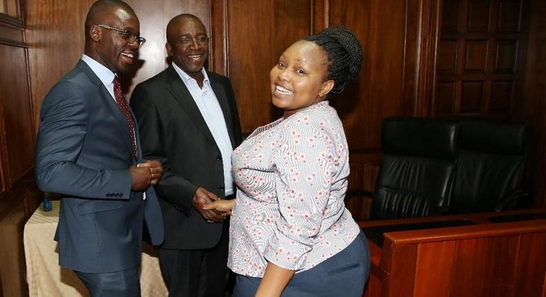 A file photo of Senator Mithika Linturi (centre) with his colleagues senators Moses Kajwang (left) and Millicent Omanga