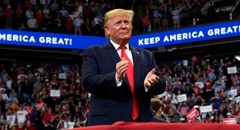 President Donald Trump arrives to speak at a campaign rally in, Lexington, Ky., Monday, Nov. 4, 2019. (AP Photo/Susan Walsh)