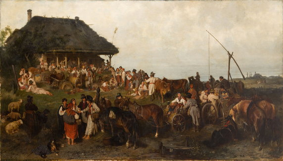 Józef Brandt - "Targ w okolicach Krakowa (Powrót z jarmarku w Opoczyńskiem)" (1868). Estymacja: 3-4,5 mln zł 