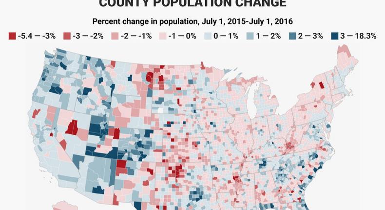 Here's how much each county grew or shrank between 2015 and 2016. The next three maps break down the components of those population changes.