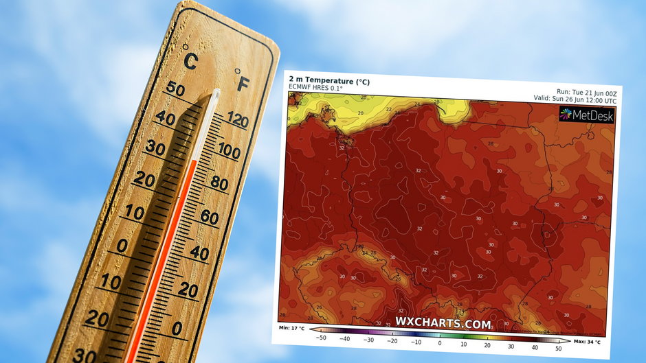 Początek lata będzie niejednokrotnie upalny i burzowy (mapa: wxcharts.com)