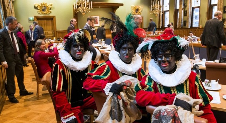 Dutch right wing PVV State members dress as Black Pete, the jolly sidekick of the Dutch Saint Nicholas, at a meeting in Province House in Groningen, The Netherlands