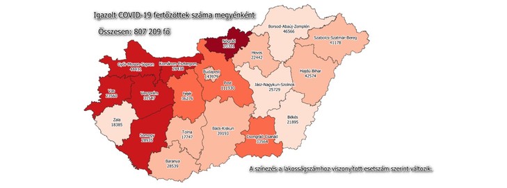 Igazolt Covid-19 fertőzöttek száma megyénként / Fotó: koronavirus.gov.hu