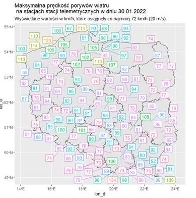 Porywy wiatru zanotowane w Polsce 30 stycznia 2022 r.