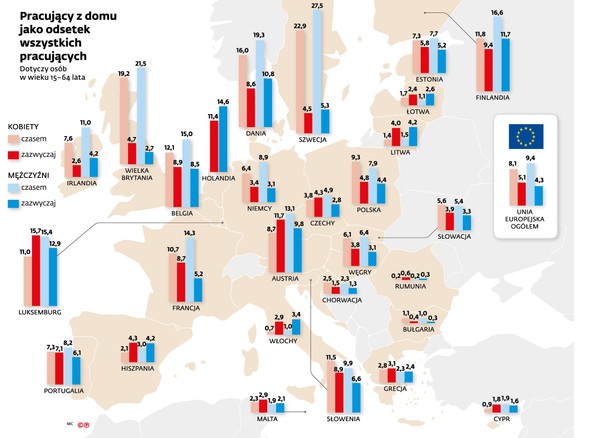 Pracujący w domu jako odsetek wszystkich pracujących
