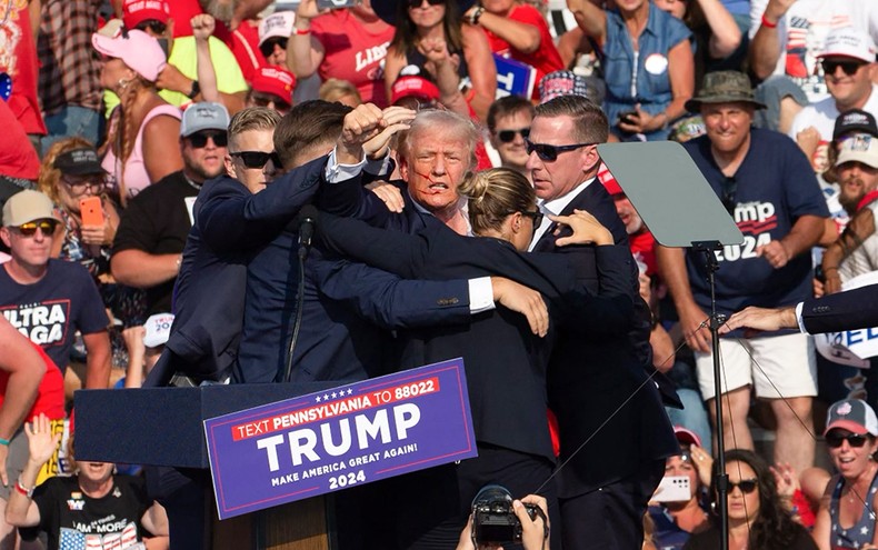 The Secret Service surrounded Donald Trump after an assassination attempt at a rally in Pennsylvania.REBECCA DROKE/ Getty Images