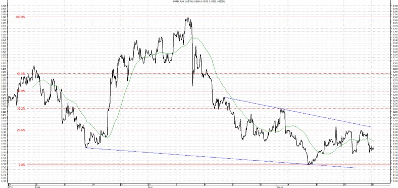 Wykres kursu średniego USD/PLN, za okres od 26.05.2013 do 26.08.2013.   Kurs USD/PLN od połowy lipca porusza się dynamicznie w dół. Obecnie dynamika tego ruchu zwolniła, jednakże w dalszym ciągu można mówić o trendzie spadkowym na tej parze walutowej. W przypadku kontynuacji tego ruchu wsparcie stanowić będzie 3,1280, czyli linia łącza lokalne minima kursowe. W przypadku ruchu w górę najbliższym oporem jest linia łącząca lokalne maksima kursowe przebiegająca na poziomie 3,1950.