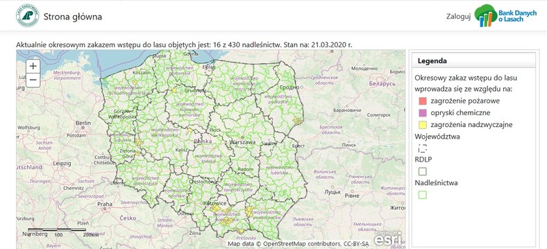 Aktualnie okresowym zakazem wstępu do lasu objętych jest: 16 z 430 nadleśnictw. Stan na: 21.03.2020 r.