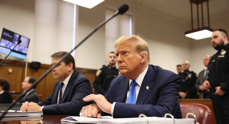 Former President Donald Trump appears at Manhattan criminal court during jury selection in his hush-money trial. Brendan McDermid/Pool Photo via AP