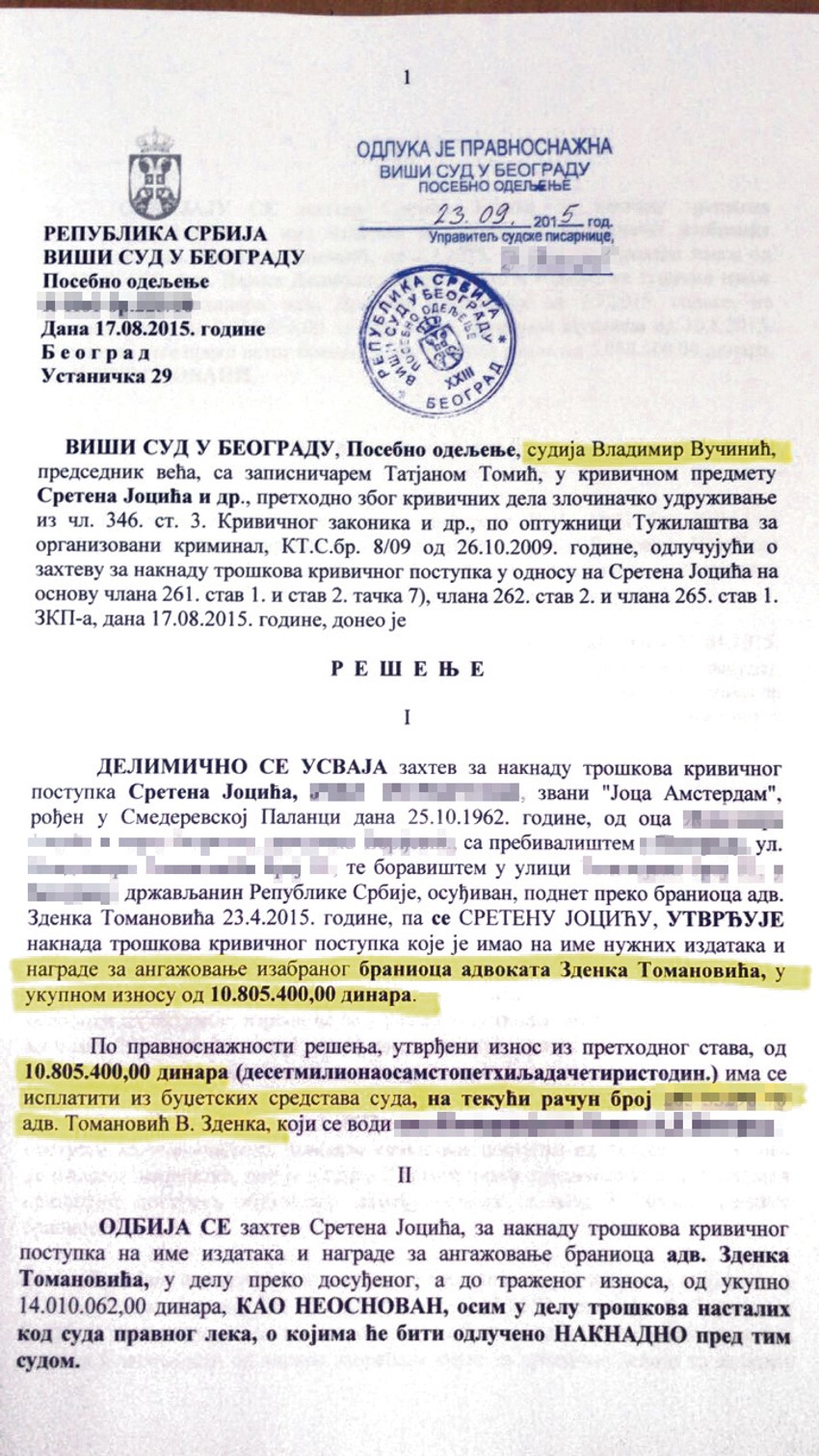 Presuda za naknadu troškova Zdenku Tomanoviću koju je potpisao sudija Vučinić