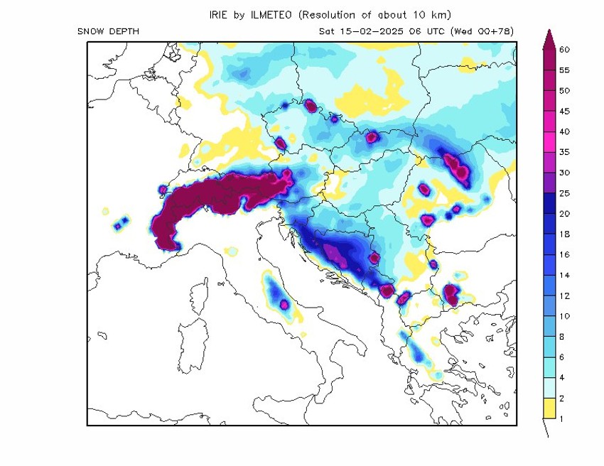 Mapa snežnih padavina za subotu