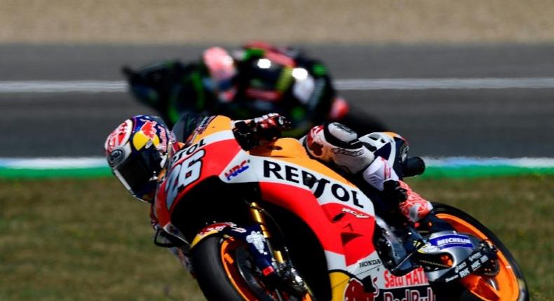 Honda's Dani Pedrosa takes a curve during a practice session for the Spanish Grand Prix in Jerez