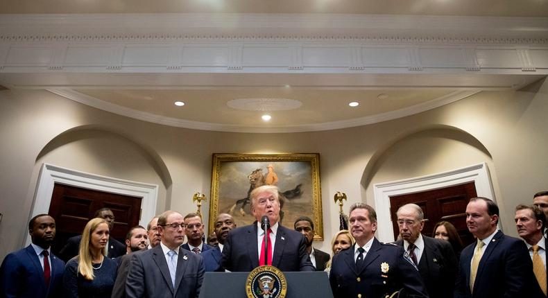 President Donald Trump speaks in the Roosevelt Room of the White House in Washington, Wednesday, Nov. 14, 2018, to announce his support for the first major rewrite of the nation's criminal justice sentencing laws in a generation.