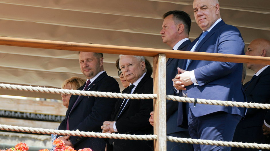 Jarosław Kaczyński,  Przemysław Czarnek, Mariusz Błaszczak i Jacek Sasin podczas XXXII Pielgrzymki Rodziny Radia Maryja