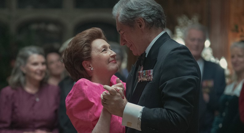 Timothy Dalton as Peter Townsend and Lesley Manville as Princess Margaret in season five of The Crown.Netflix