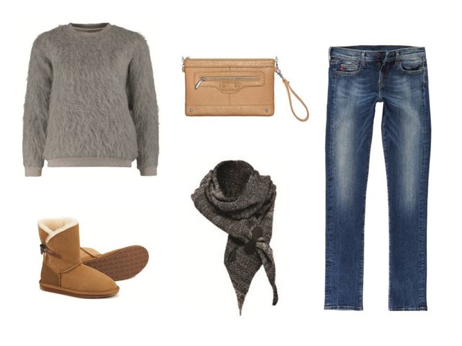 GLITTER, torebka, AW2014/15  Nanushka / ZALANDO.PL , sweter, A/W 2014/15, 1029 zł  BIG STAR, spodnie, AW 2014/15  EMU AUSTRALIA, buty, AW2014/2015, 799zł  Emu Australia, szalik, FW 2014/15