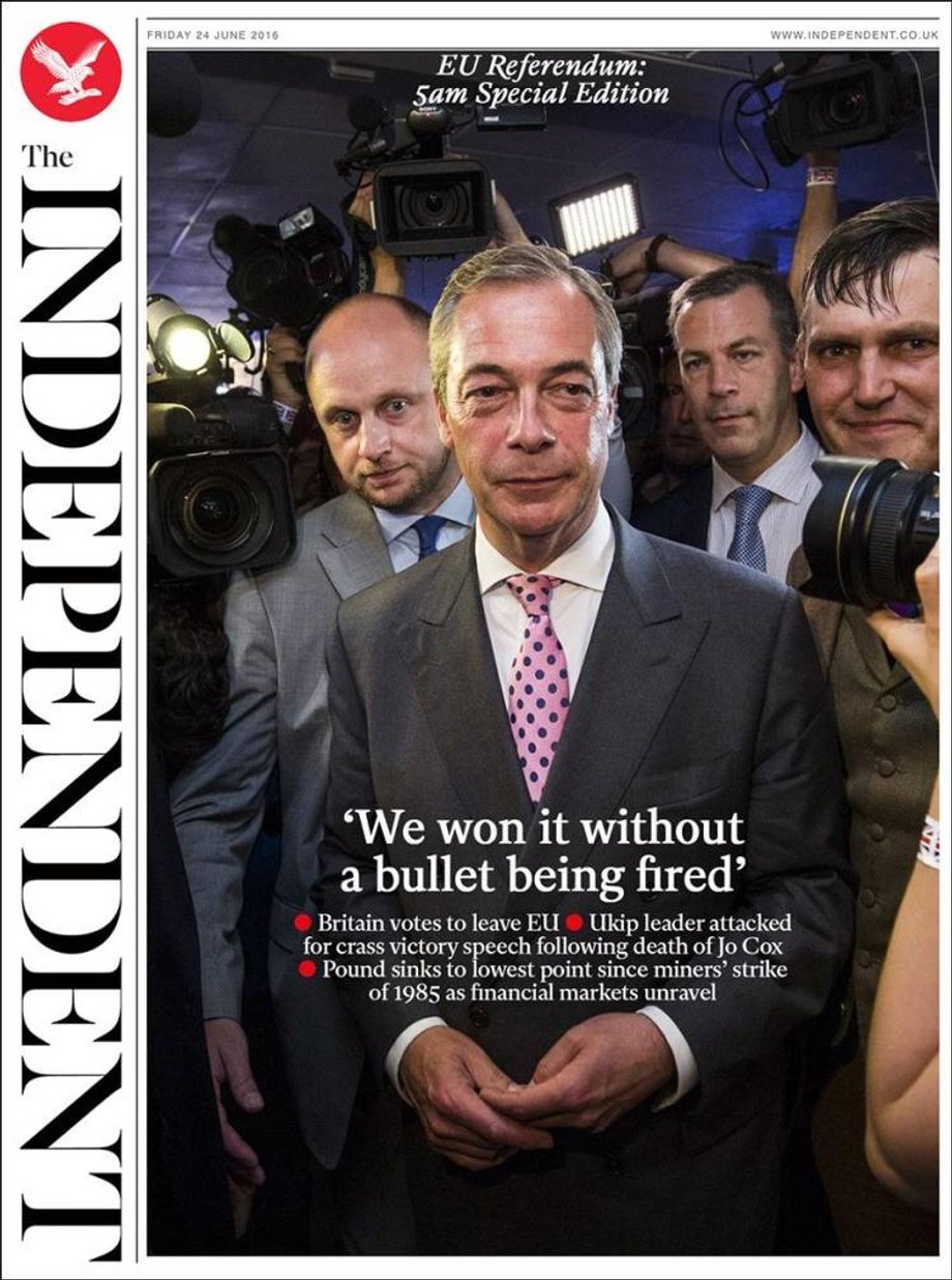 The Independent cytuje Nigela Farage'a: "Wygraliśmy to bez wystrzelenia ani jednej kuli"