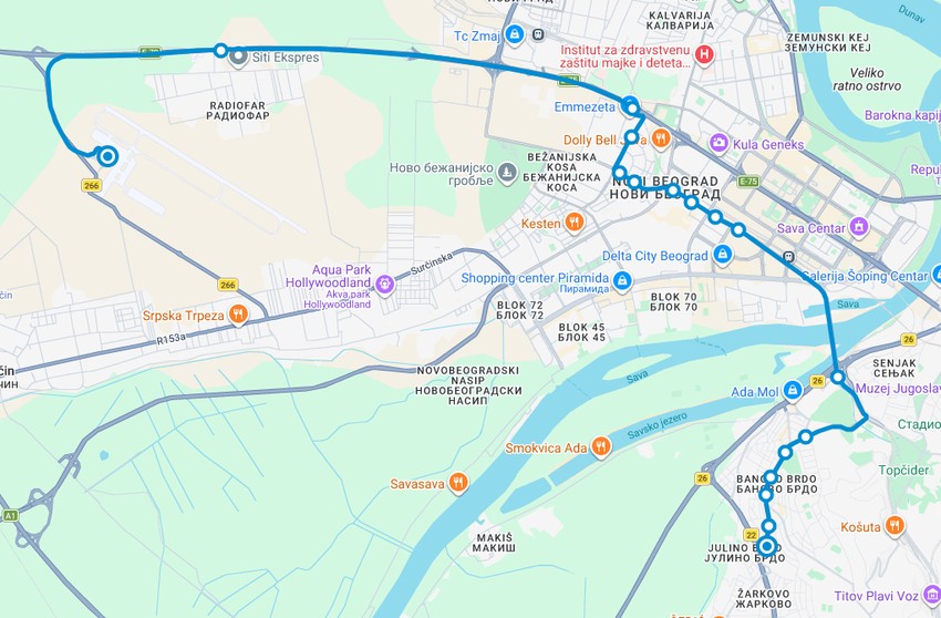 Trasa linije 607 u smeru od aerodroma Nikola Tesla