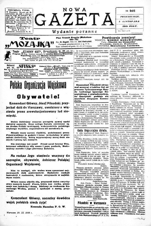 "Nowa Gazeta" z 11 listopada 1918 r.