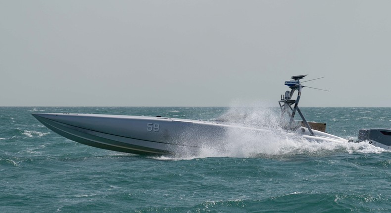 A MARTAC T-38 Devil Ray unmanned surface vehicle, equipped with a Lethal Miniature Aerial Missile System, operates in the Arabian Gulf, Oct. 26.US Navy photo by Mass Communication Specialist 2nd Class Jacob Vernier