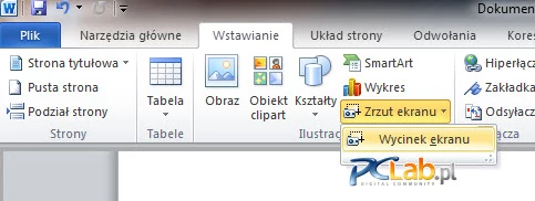 MS Word 2010 – wybieranie zrzutu pulpitu lub jego fragmentu