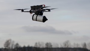 A Ukrainian fiber-optic drone is seen during a test flight in the Kyiv region in December 2024.Photo by Viktor Fridshon/Global Images Ukraine via Getty Images