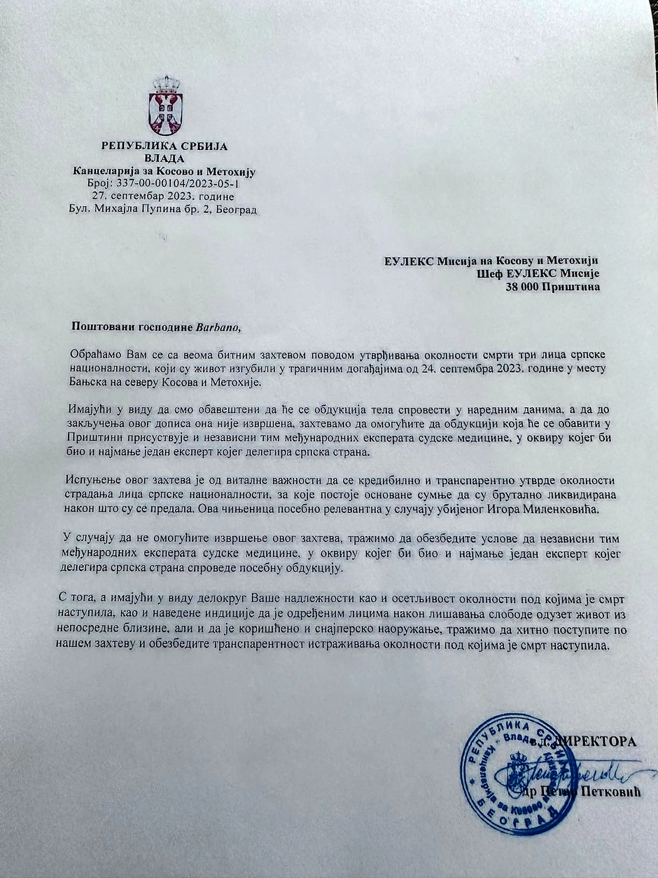 U zahtevu EULEKS-u Srbija, između ostalog, traži da obdukciju tela ubijenih Srba sprovodi nezavisan ekspertski tim