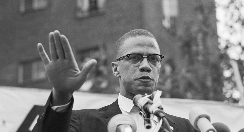 Malcolm X speaks at a rally in Harlem, New York in 1963.